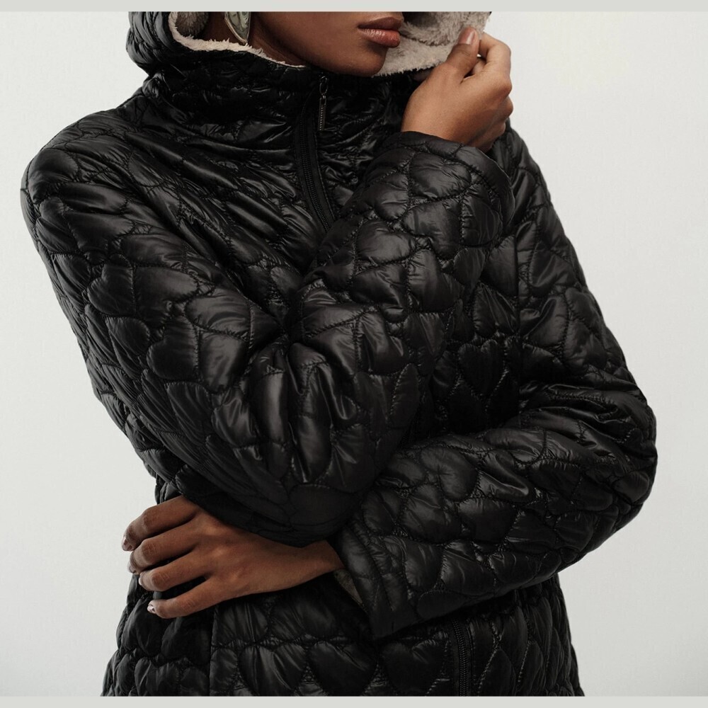 Black Quilted Sherpa Lined Hooded Zip Up Lightweight Puffer Jacket